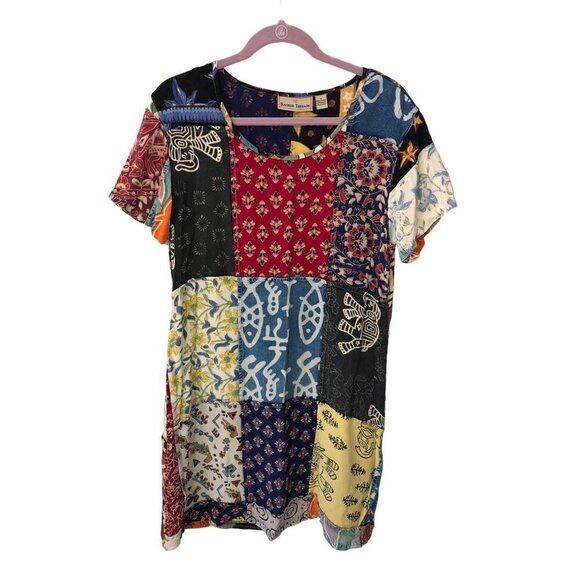 Sacred Threads Size S Dress Patchwork Art to Wear Shift Short Sleeve Mixed Print - Picture 3 of 7
